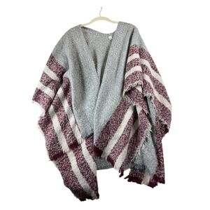 Striped Poncho Cape Shawl Ruana One Size Grey Burgundy White 100% Polyester